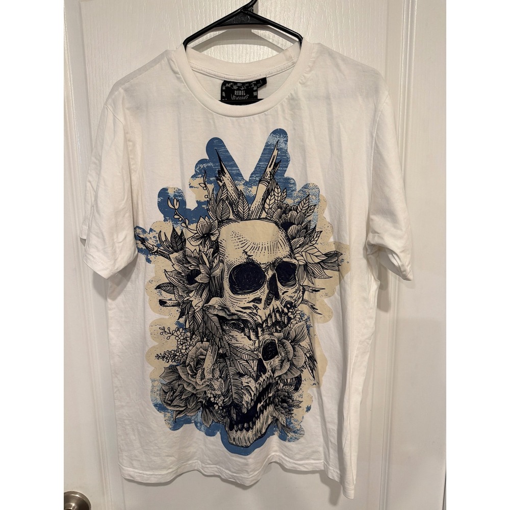 Rebel Vengeance Mens Skull Floral Graphic T-Shirt White Blue Gothic Edgy Tee L